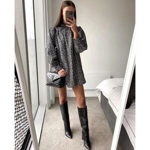 Zara Floral Printed Poplin Mini Dress Black and White Medium NWT
